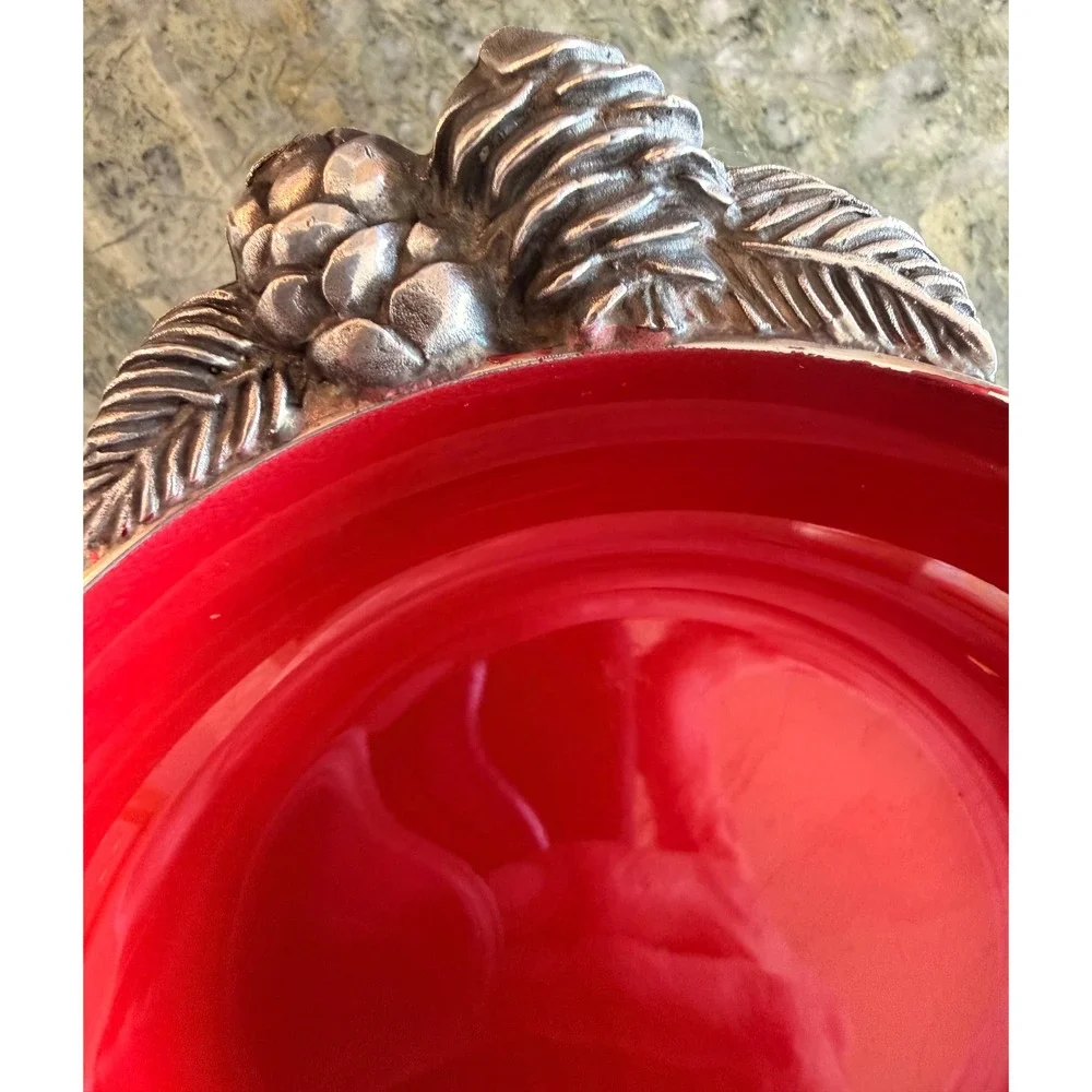 Vintage Reed‎ & Barton Silverplate Red Glass Snack Bowl Pinecone Candy Dish